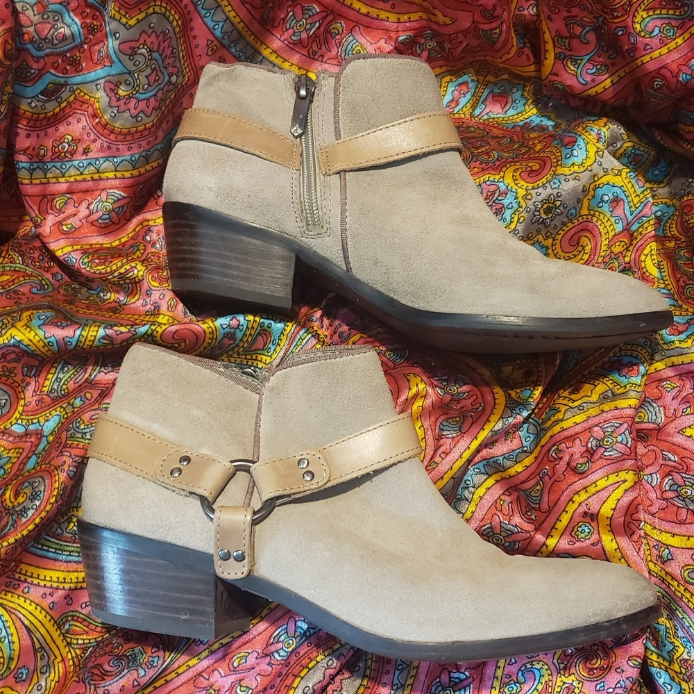 Sam Edelman Grey And Beige Suede Genuine Leather Harness Booties Size 8 Women's